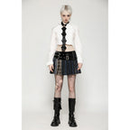 Dark in Love Sage Tartan Patchwork Leather-Waist Pleated Mini Skirt