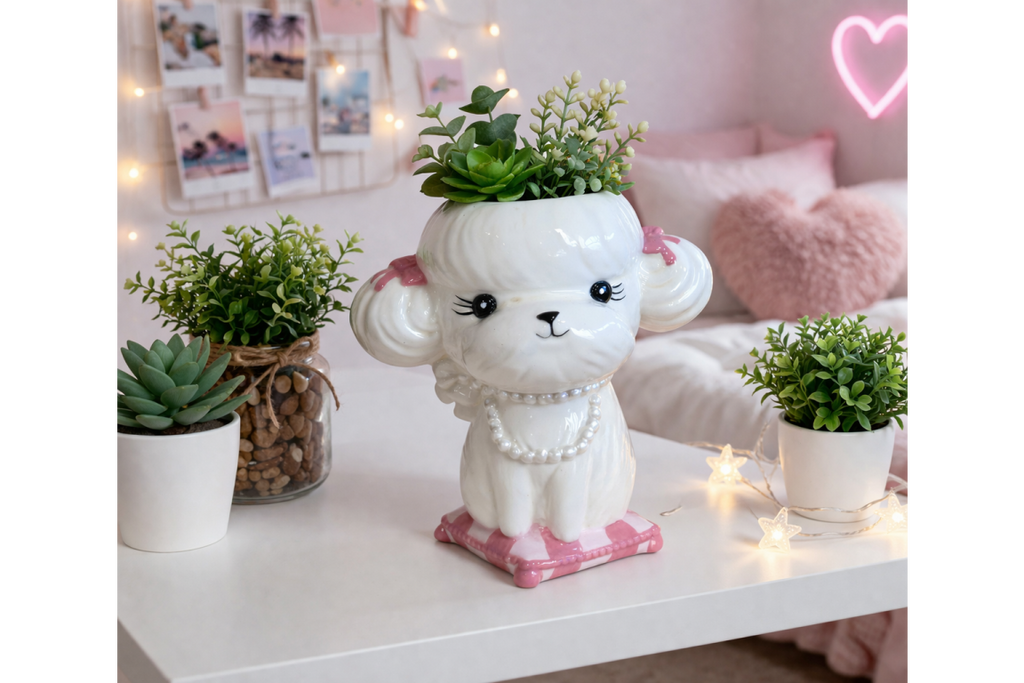 Cute Poodle Ceramic Vase Artificial Flower Pot Pearl Necklace Dog Gift