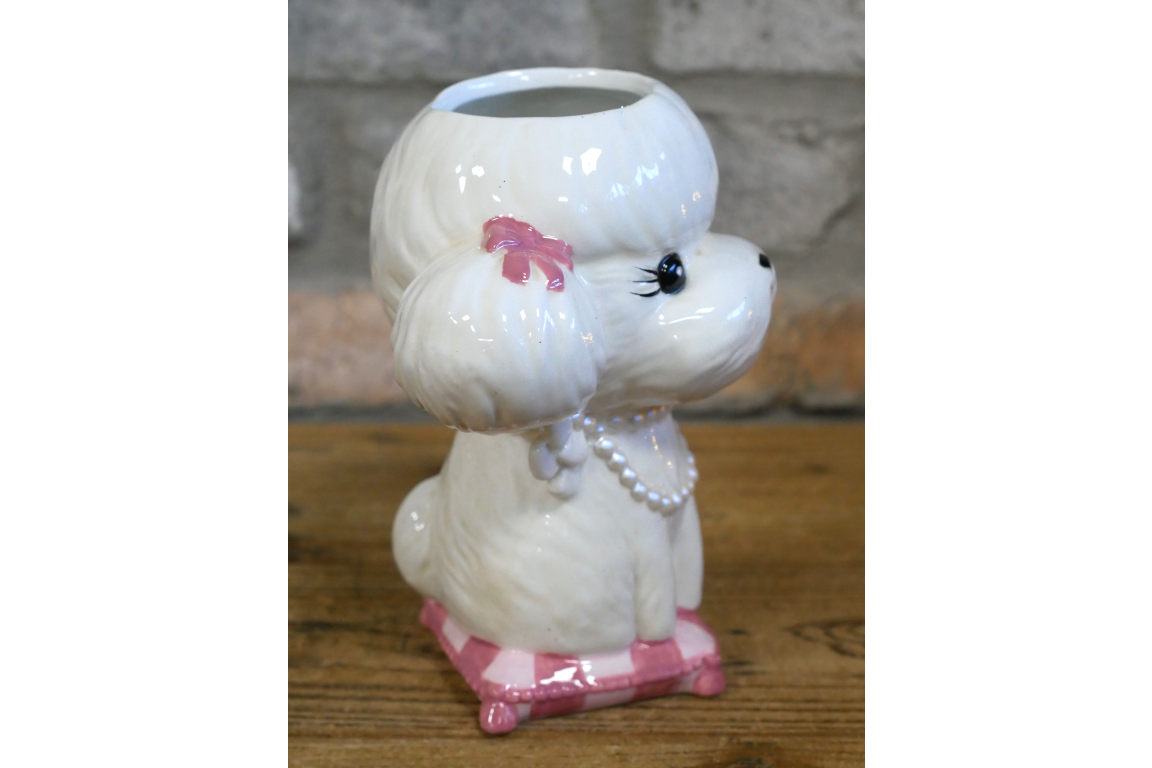 Cute Poodle Ceramic Vase Artificial Flower Pot Pearl Necklace Dog Gift