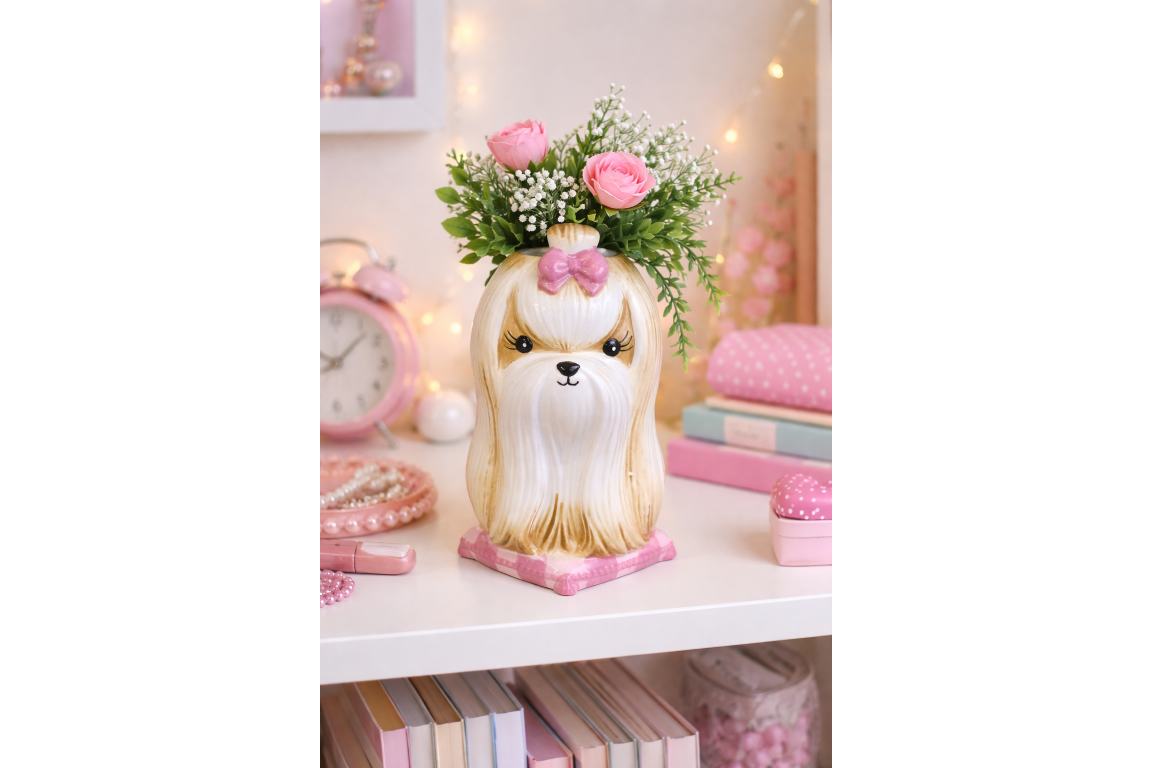 Cute Shih Tzu Ceramic Vase Artificial Flower Pot Maltese Dog Planter