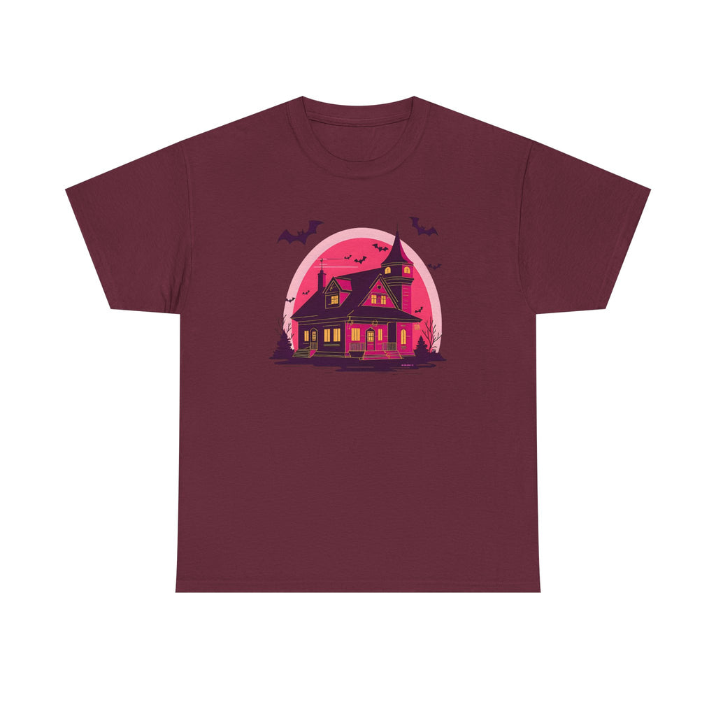 Haunted House Printed T-Shirt 100% Cotton Novelty Scary Halloween Tee Maroon