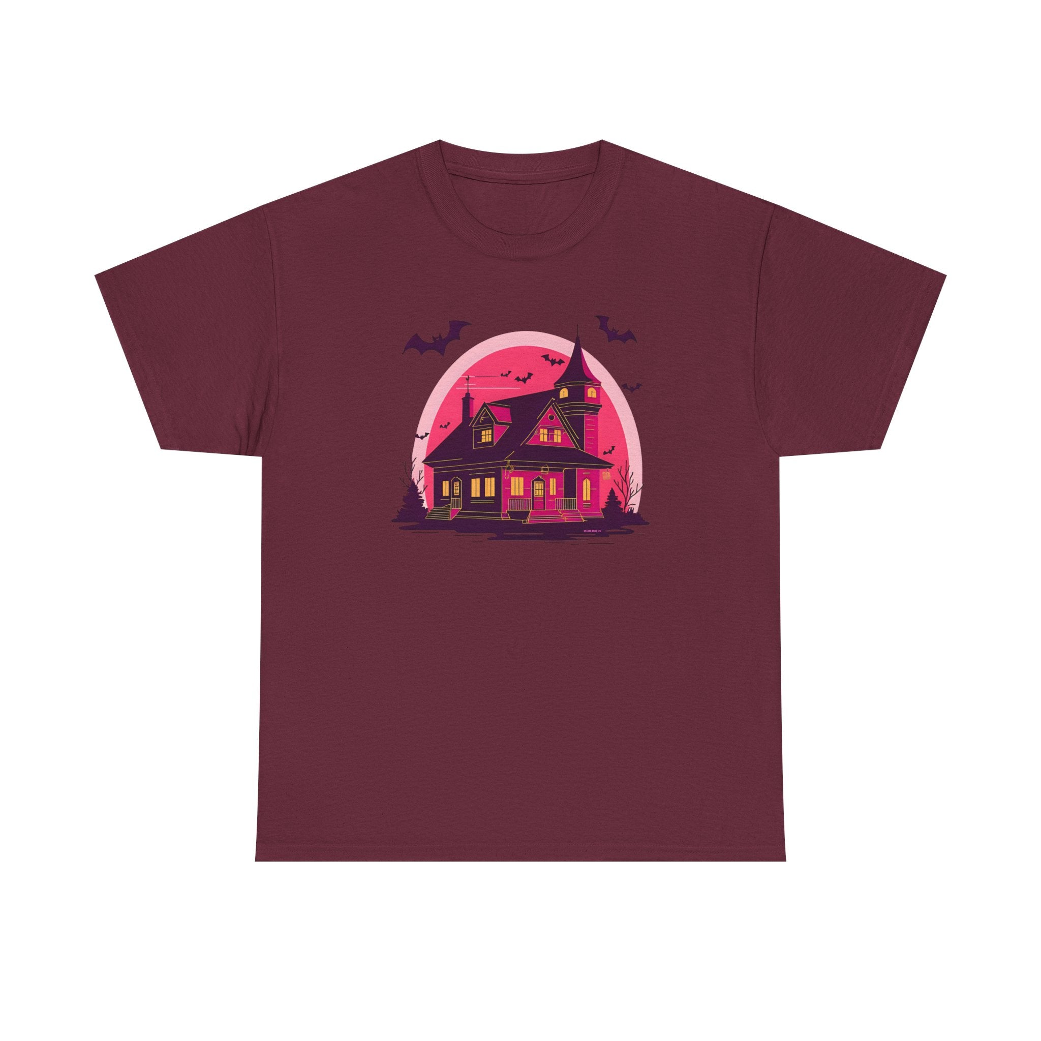 Haunted House Printed T-Shirt 100% Cotton Novelty Scary Halloween Tee Maroon