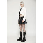 Dark in Love Sage Tartan Patchwork Leather-Waist Pleated Mini Skirt