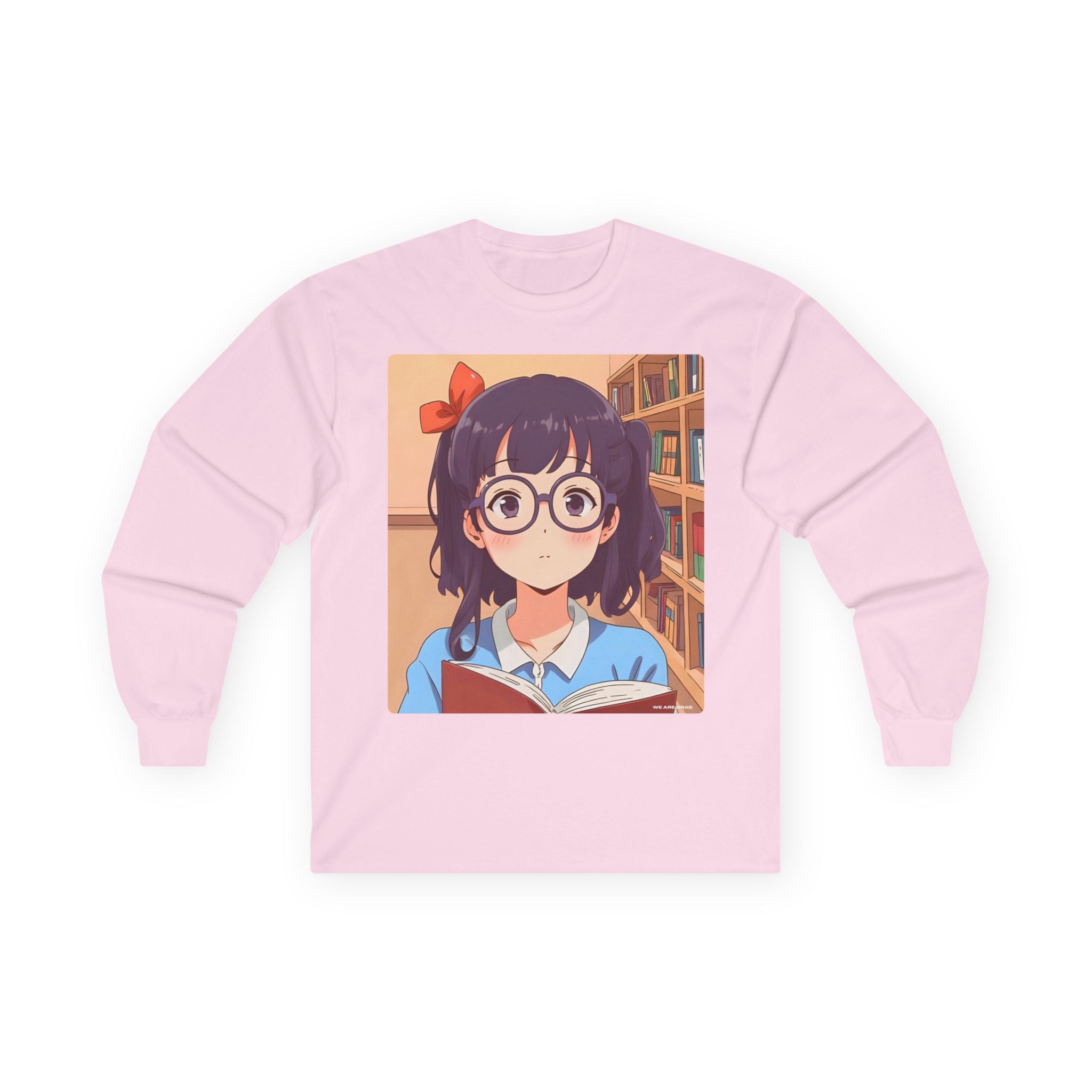 Geek Anime Girl Long Sleeve Tee 100% Cotton Retro Japanese Cartoon T-Shirt Gift Light Pink