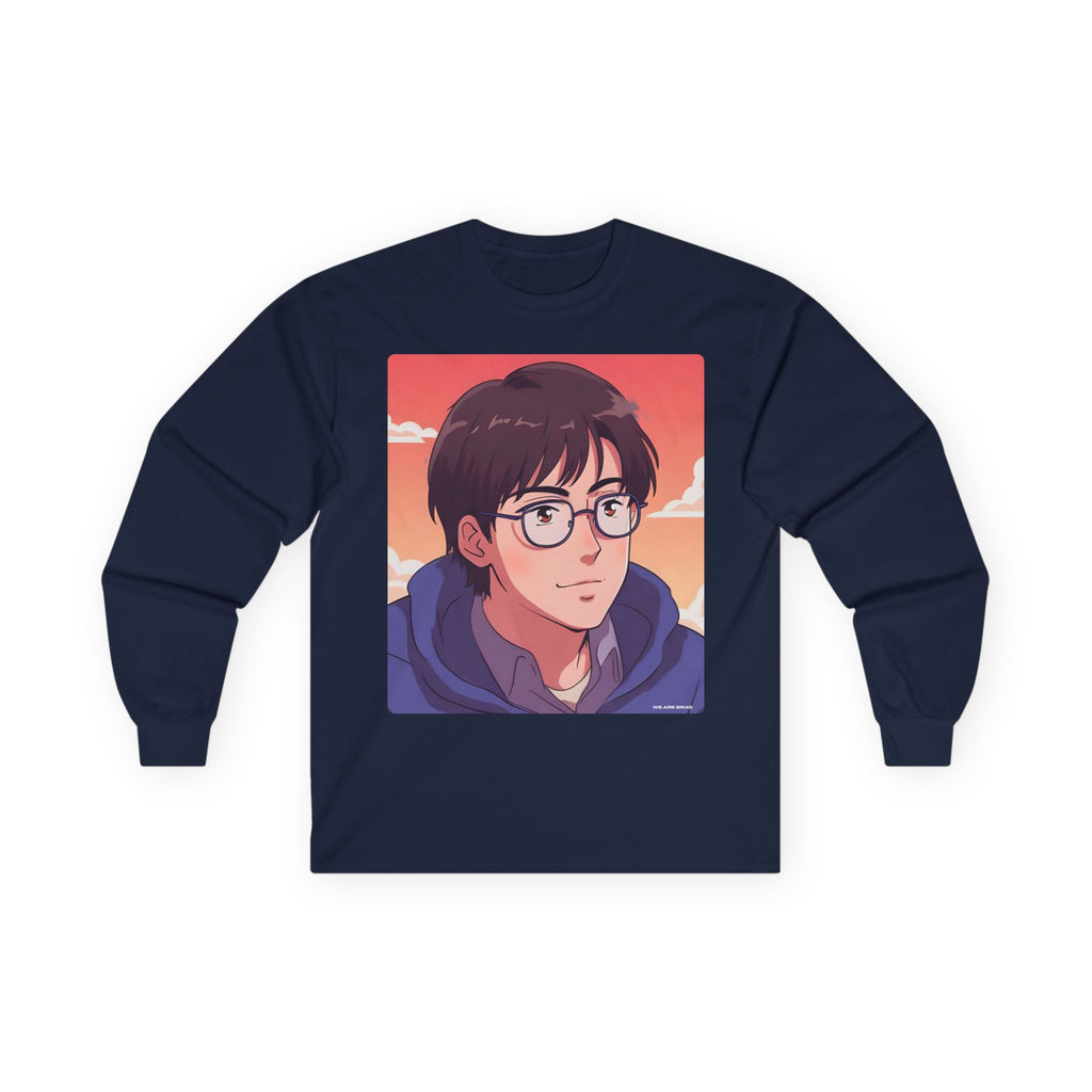 Geek Anime Boy Long Sleeve Tee 100% Cotton Retro Japanese Cartoon T-Shirt Gift Navy