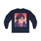 Geek Anime Boy Long Sleeve Tee 100% Cotton Retro Japanese Cartoon T-Shirt Gift Navy