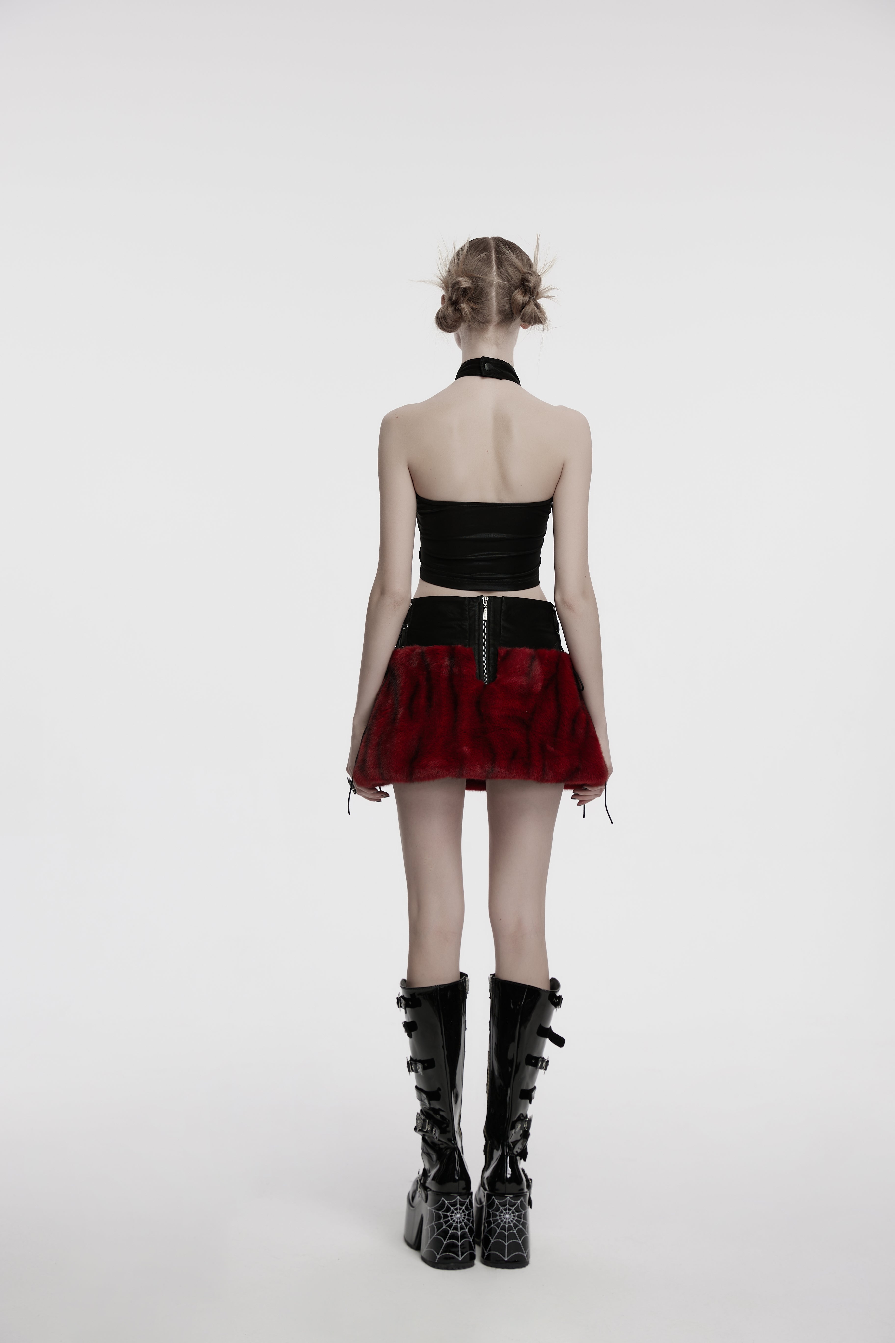 Punk Rave Valora Cross Fur Halter Top In Crimson