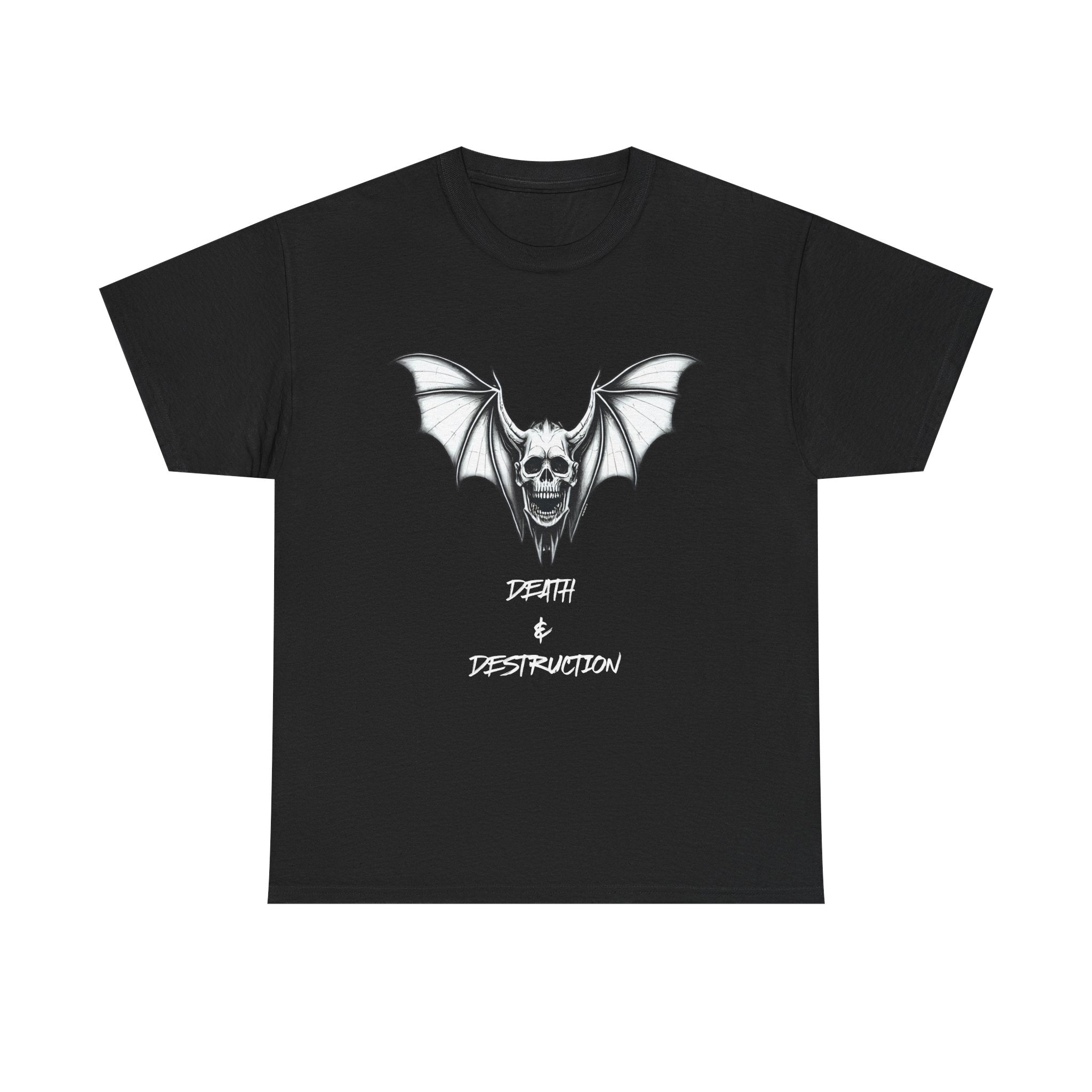 Death & Destruction Bat Skull Printed T-Shirt 100% Cotton Goth Biker Halloween Tee Black