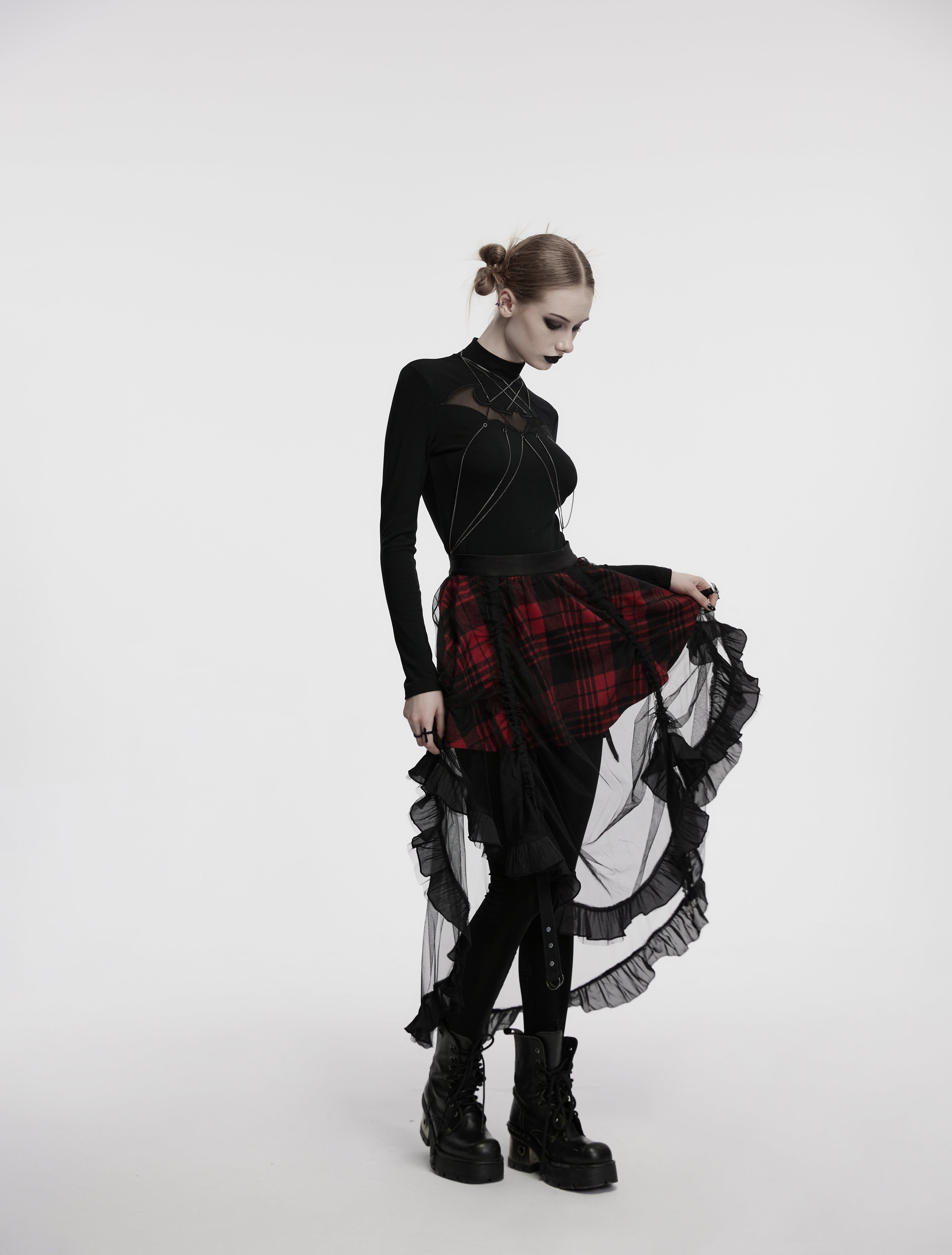 Punk Rave Morrigan Mesh Plaid High-Low Skirt