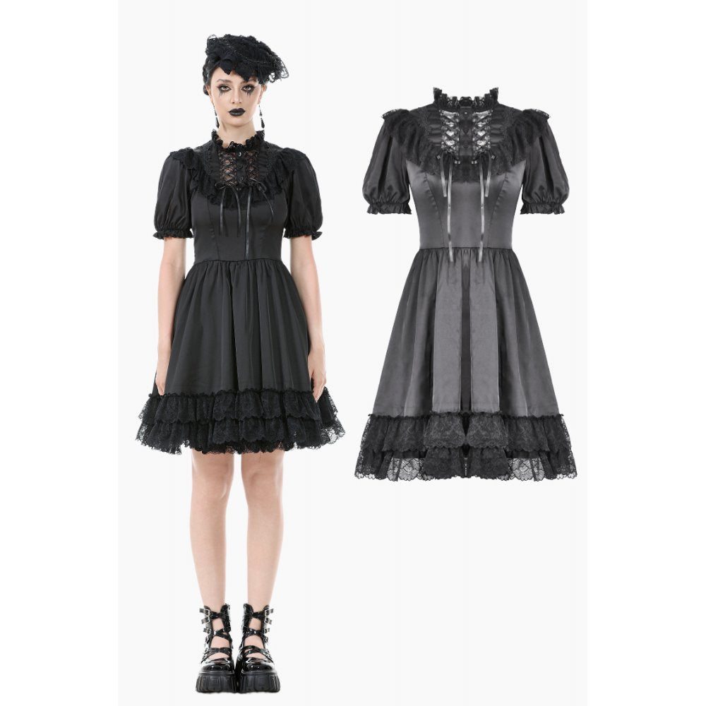 Dark in Love Belladonna Lace-Up High Collar Puff Sleeve Goth Dress in Black
