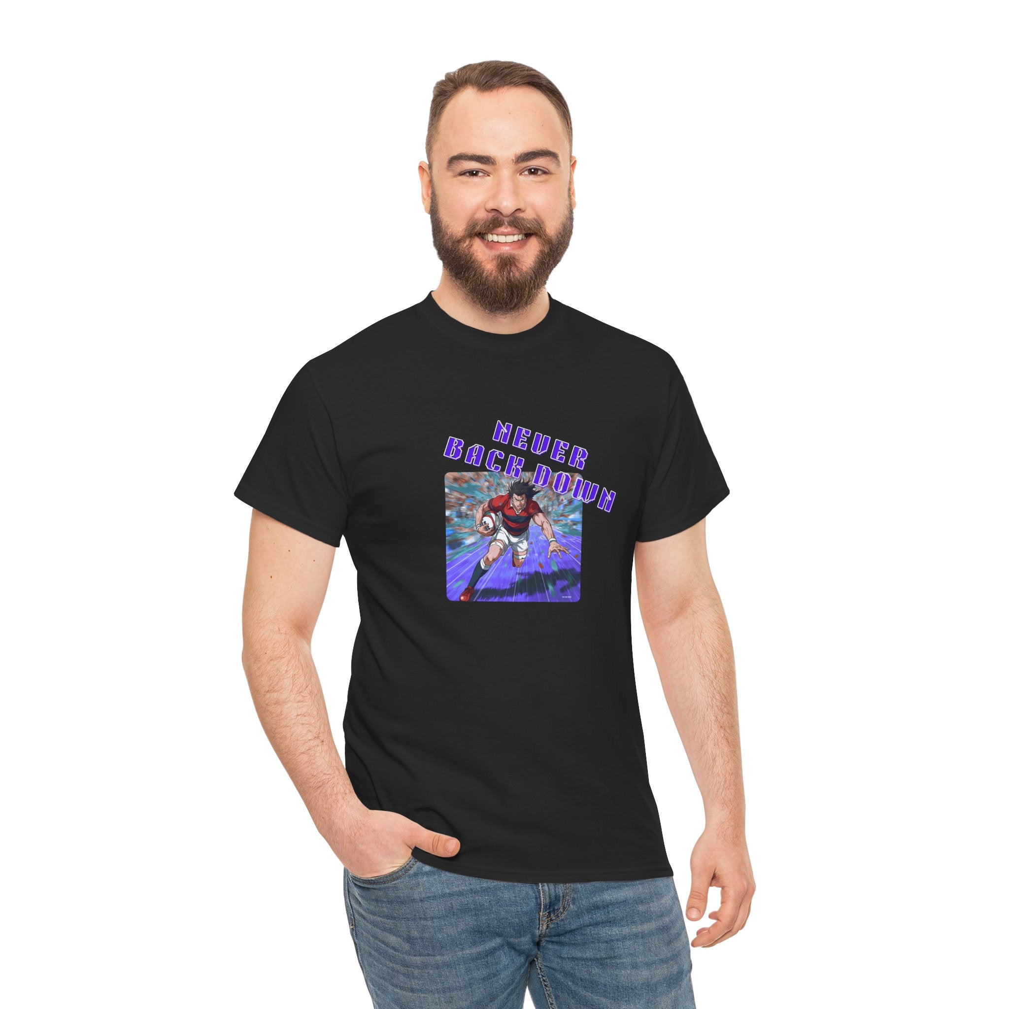 Never Back Down Anime Rugby Printed T-Shirt 100% Cotton Novelty Rugby Sports Tee Gift