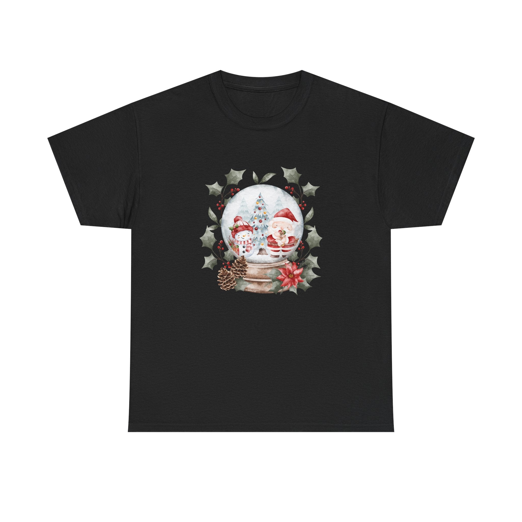 Christmas Snow Globe Printed T-Shirt 100% Cotton Novelty Santa Snowman Xmas Tee Gift Black