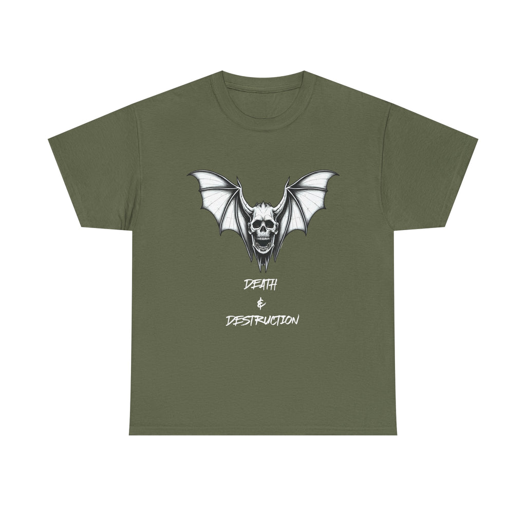 Death & Destruction Bat Skull Printed T-Shirt 100% Cotton Goth Biker Halloween Tee Military Green