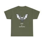 Death & Destruction Bat Skull Printed T-Shirt 100% Cotton Goth Biker Halloween Tee Military Green
