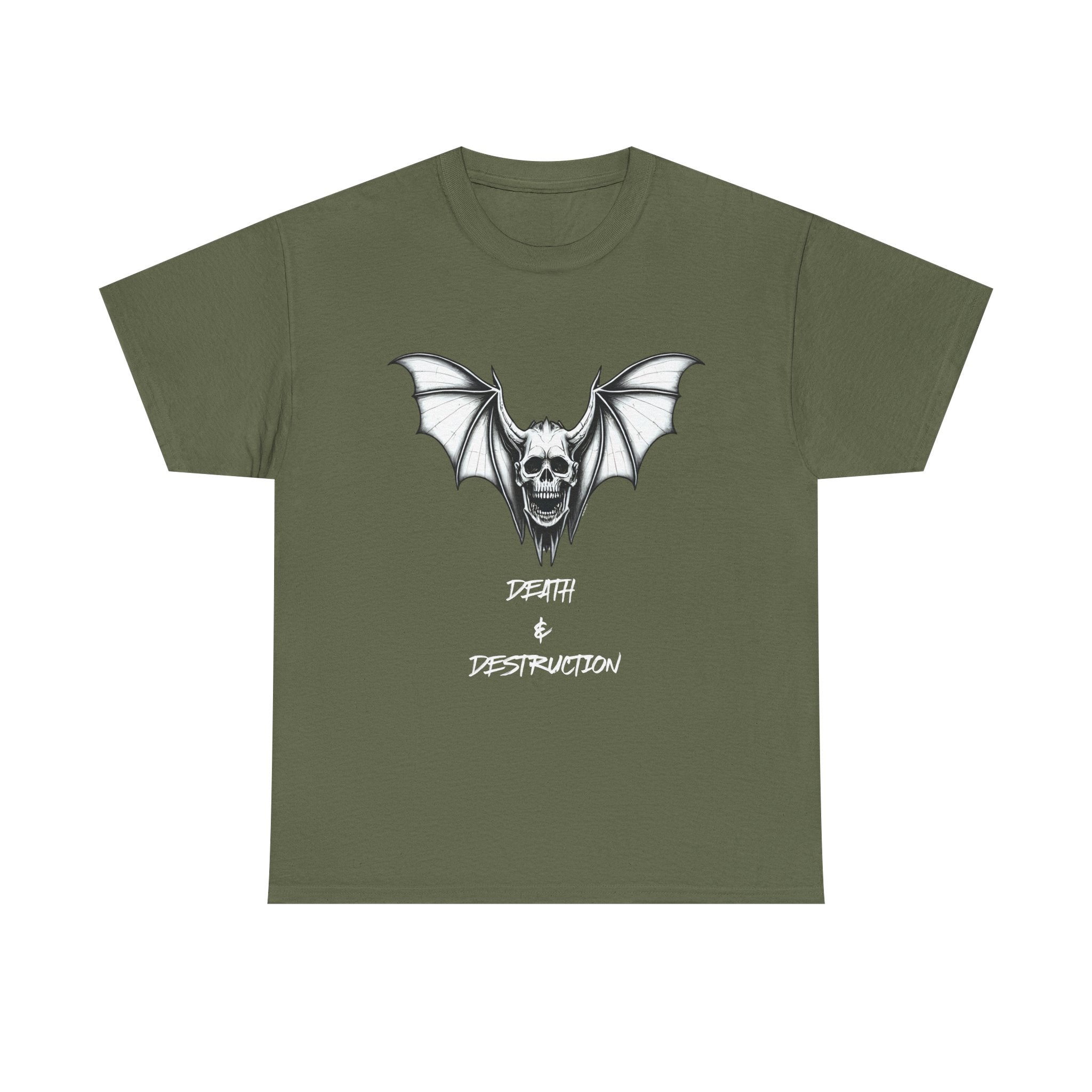 Death & Destruction Bat Skull Printed T-Shirt 100% Cotton Goth Biker Halloween Tee Military Green