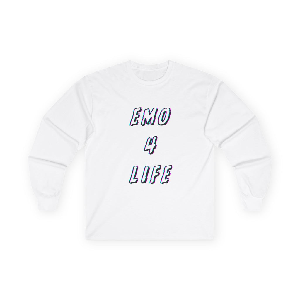 Emo 4 Life Long Sleeve Tee 100% Cotton Retro Glitch Quote T-Shirt Emo Goth Alternative Gift White