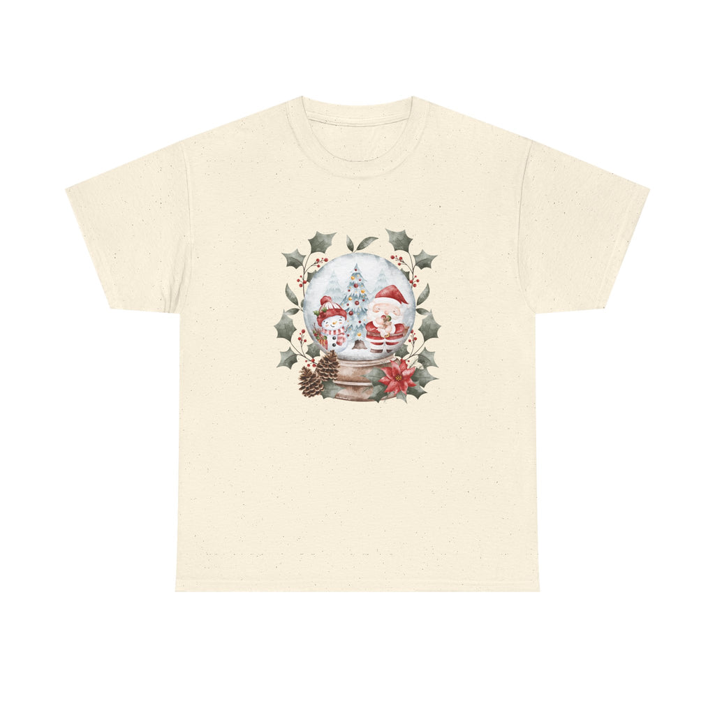 Christmas Snow Globe Printed T-Shirt 100% Cotton Novelty Santa Snowman Xmas Tee Gift Natural