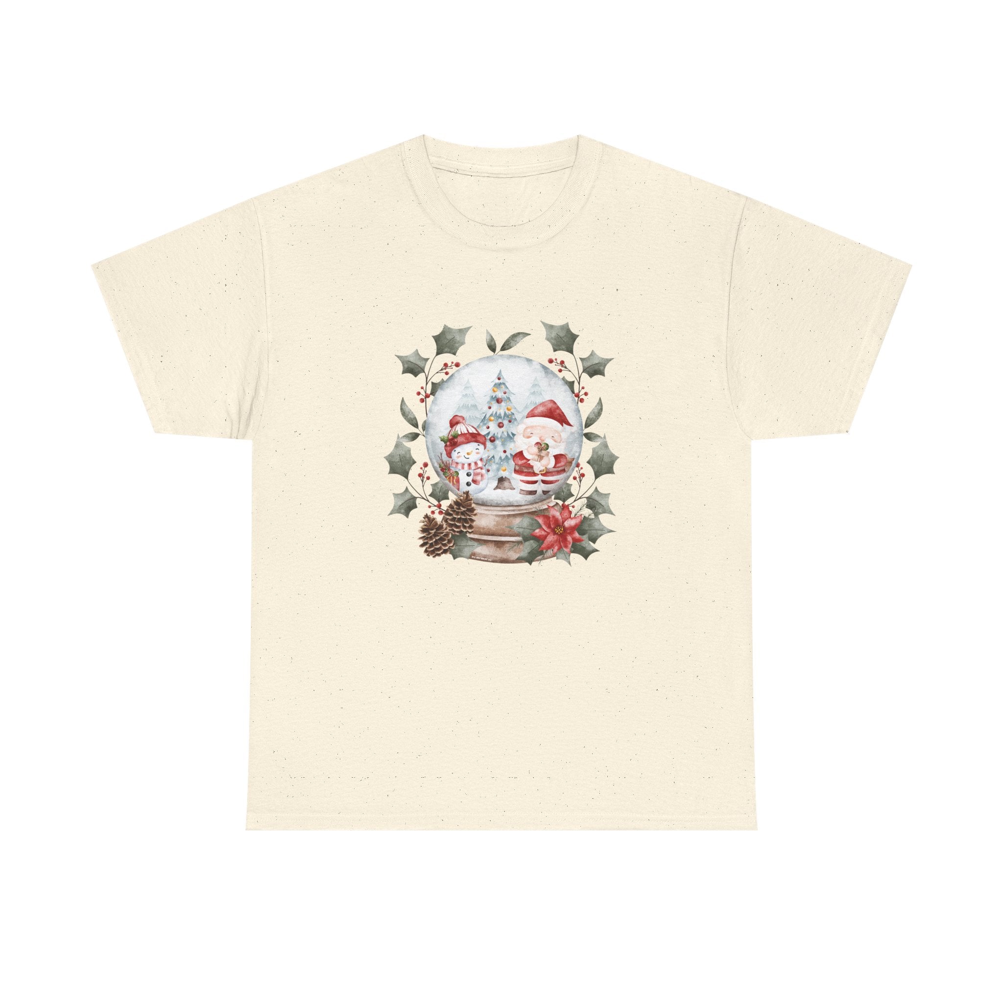 Christmas Snow Globe Printed T-Shirt 100% Cotton Novelty Santa Snowman Xmas Tee Gift Natural