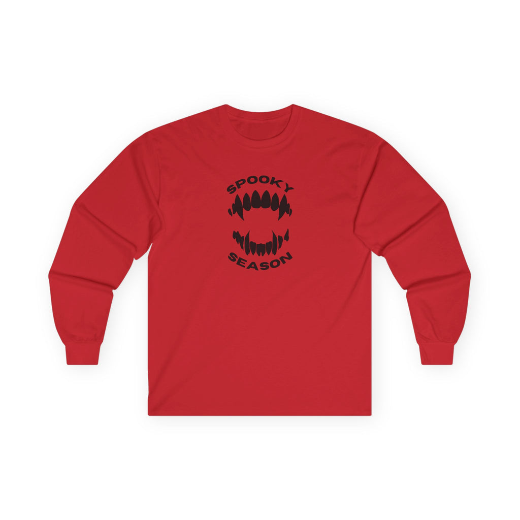Spooky Season Long Sleeve Tee 100% Cotton Scary Vampire Teeth Halloween T-Shirt Gift Red