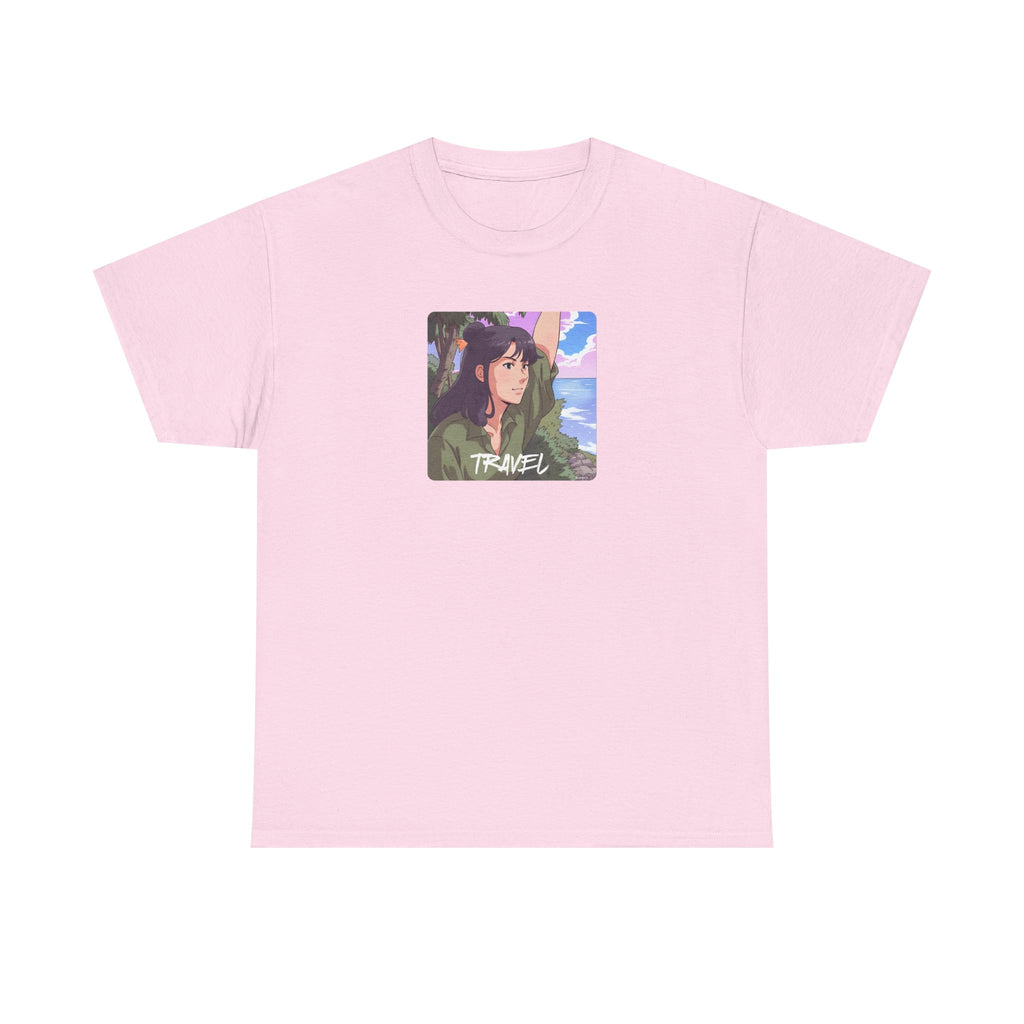 Travel Anime Girl Printed T-Shirt 100% Cotton Novelty Travelling Island Sunshine Tee Gift Light Pink