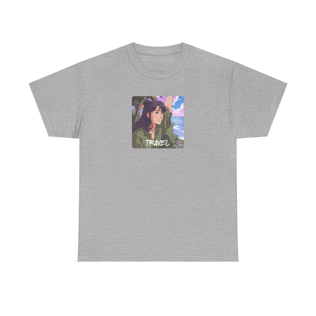 Travel Anime Girl Printed T-Shirt 100% Cotton Novelty Travelling Island Sunshine Tee Gift Sport Grey