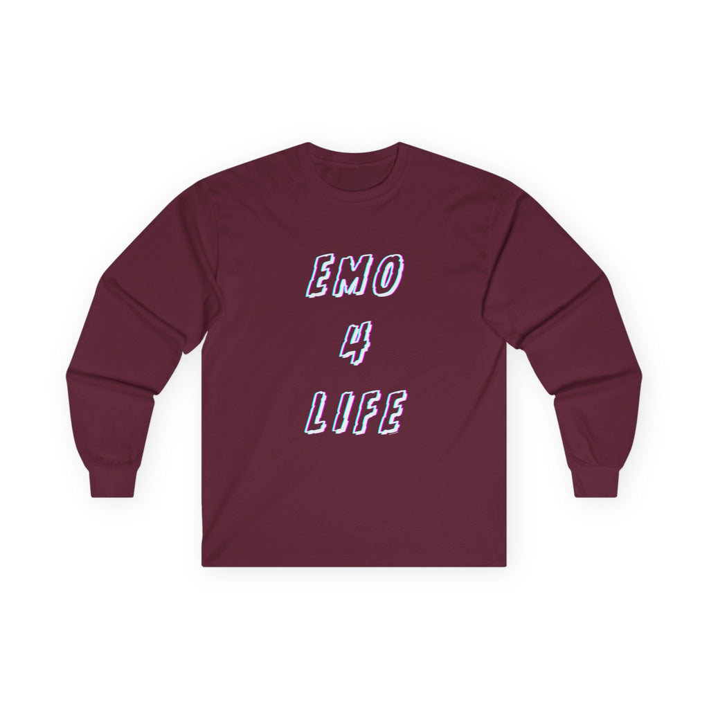 Emo 4 Life Long Sleeve Tee 100% Cotton Retro Glitch Quote T-Shirt Emo Goth Alternative Gift Maroon