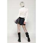 Dark in Love Sage Tartan Patchwork Leather-Waist Pleated Mini Skirt