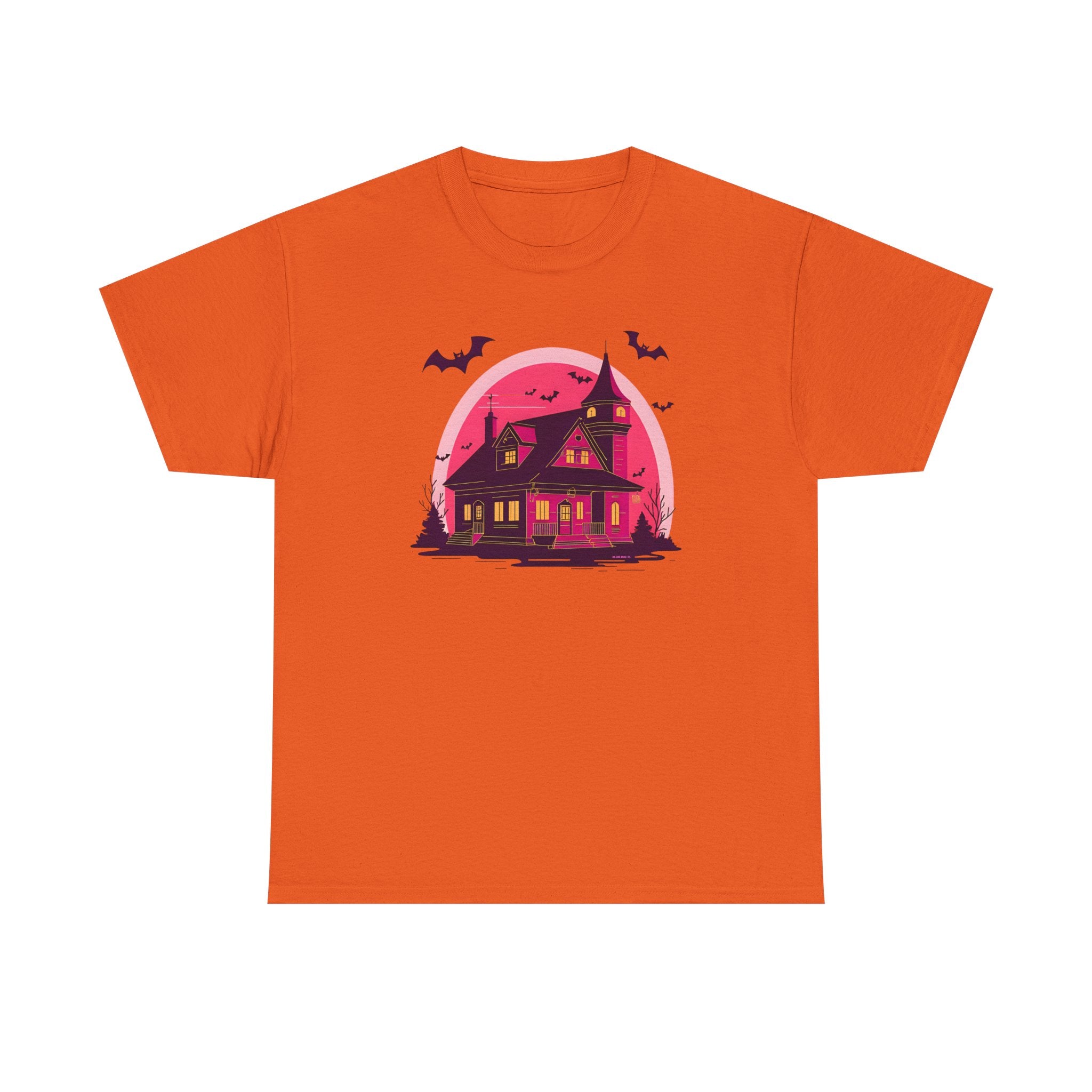 Haunted House Printed T-Shirt 100% Cotton Novelty Scary Halloween Tee Orange