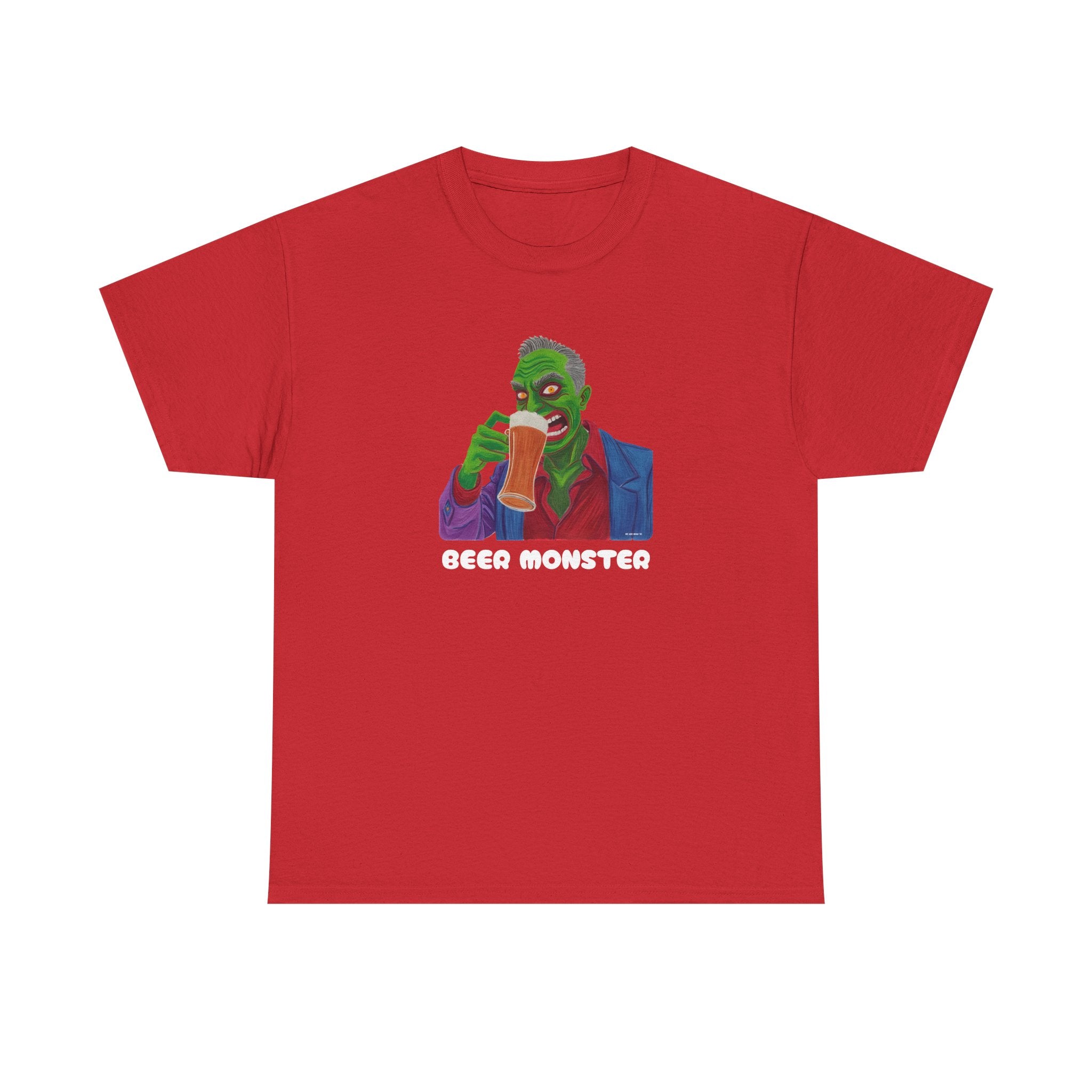 Beer Monster Printed T-Shirt 100% Cotton Novelty Scary Zombie Halloween Tee Red