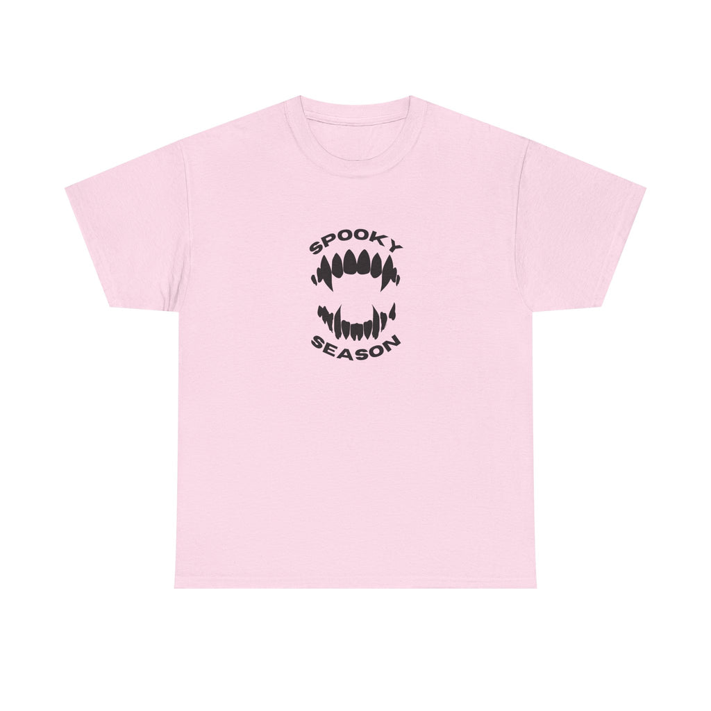 Spooky Season Halloween Printed T-Shirt 100% Cotton Scary Vampire Teeth Novelty Tee Light Pink