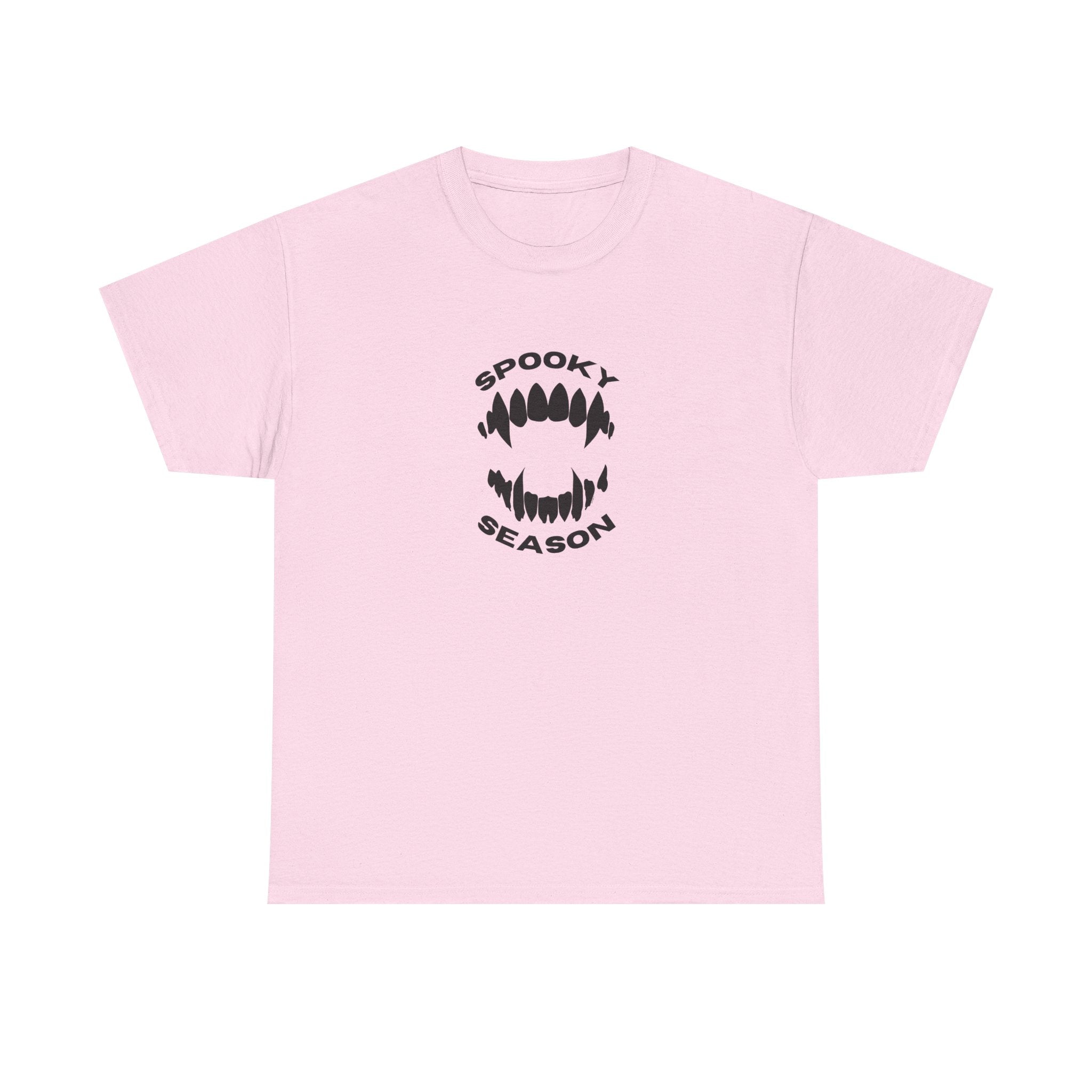 Spooky Season Halloween Printed T-Shirt 100% Cotton Scary Vampire Teeth Novelty Tee Light Pink