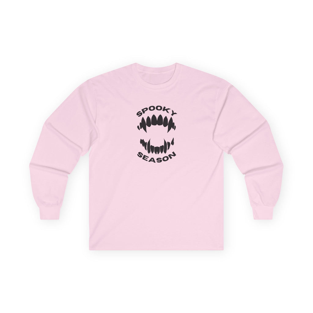 Spooky Season Long Sleeve Tee 100% Cotton Scary Vampire Teeth Halloween T-Shirt Gift Light Pink