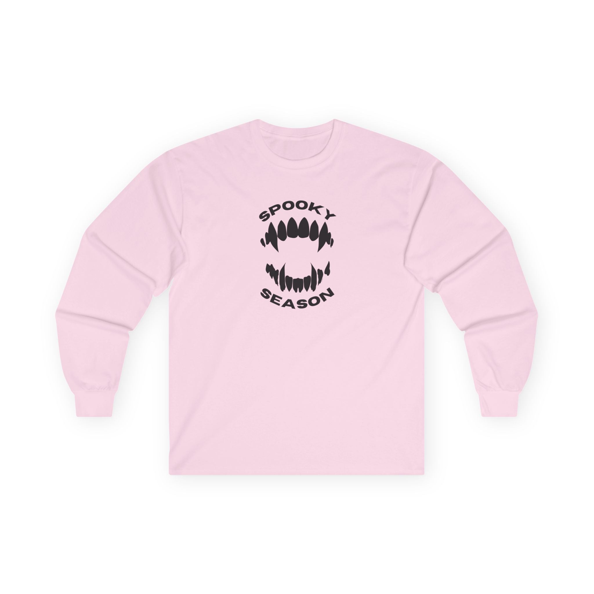 Spooky Season Long Sleeve Tee 100% Cotton Scary Vampire Teeth Halloween T-Shirt Gift Light Pink