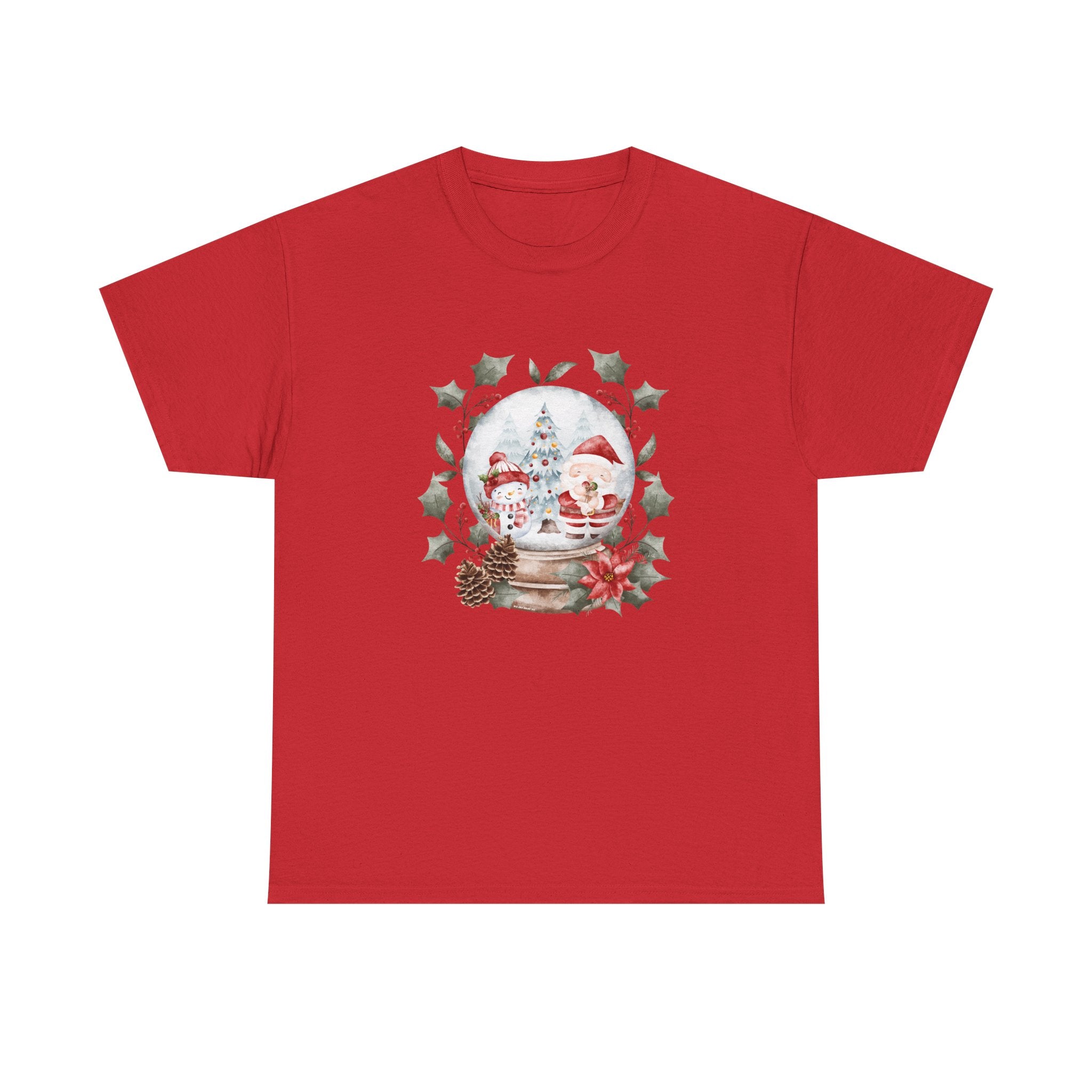 Christmas Snow Globe Printed T-Shirt 100% Cotton Novelty Santa Snowman Xmas Tee Gift Red