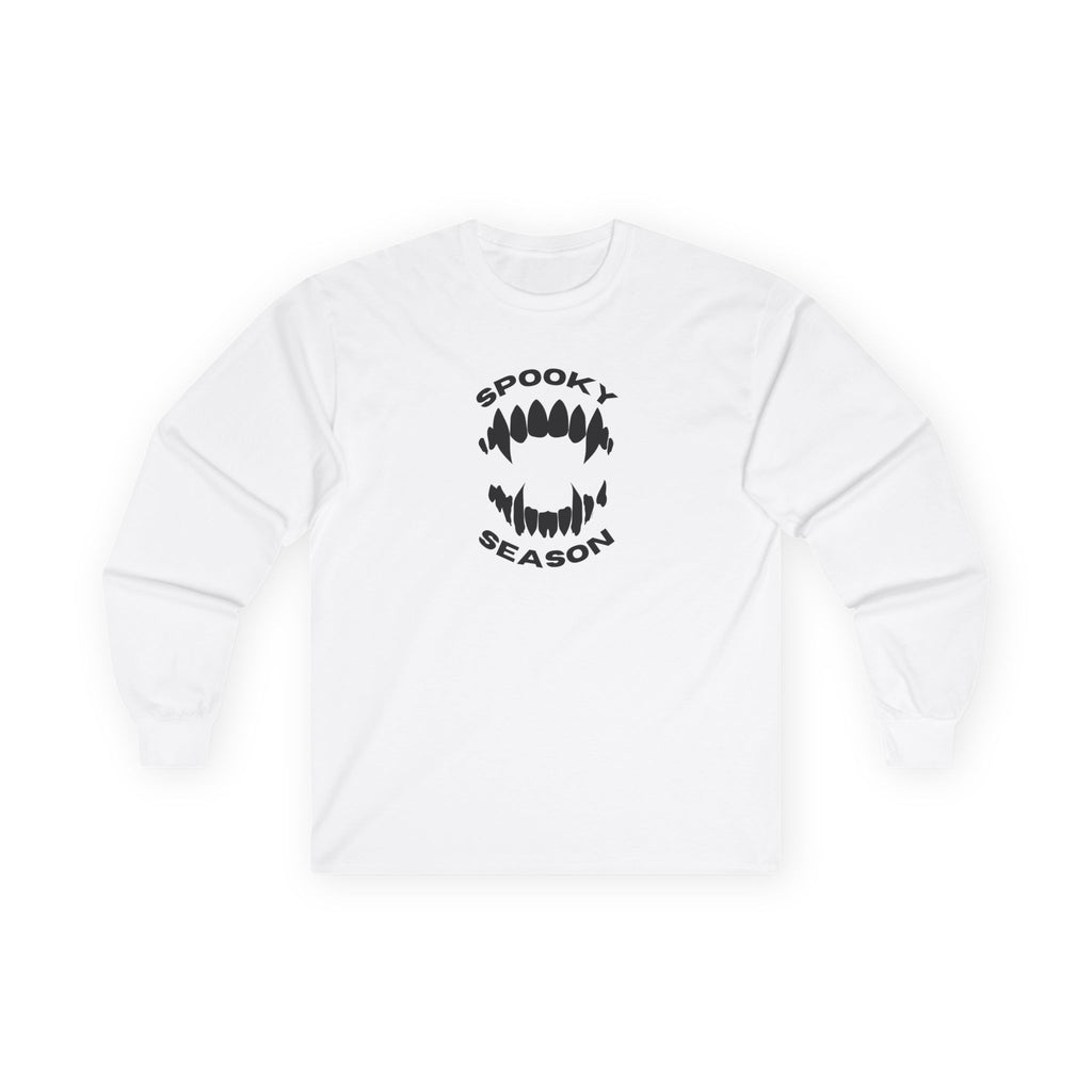 Spooky Season Long Sleeve Tee 100% Cotton Scary Vampire Teeth Halloween T-Shirt Gift White