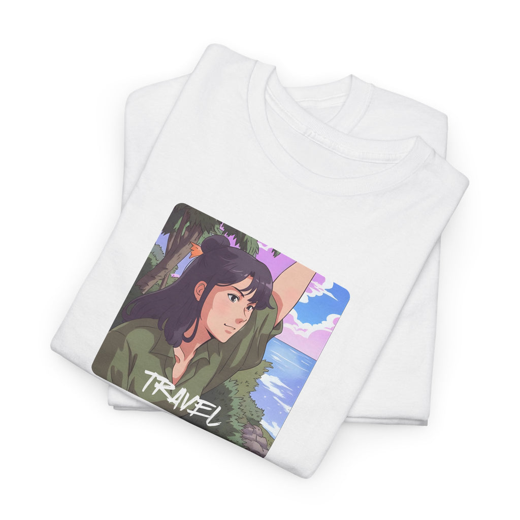 Travel Anime Girl Printed T-Shirt 100% Cotton Novelty Travelling Island Sunshine Tee Gift White