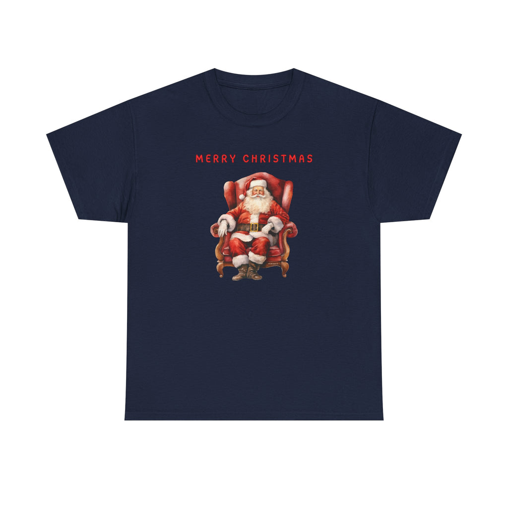 Merry Christmas Santa Throne Printed T-Shirt 100% Cotton Novelty Santa Claus Xmas Tee Gift Navy