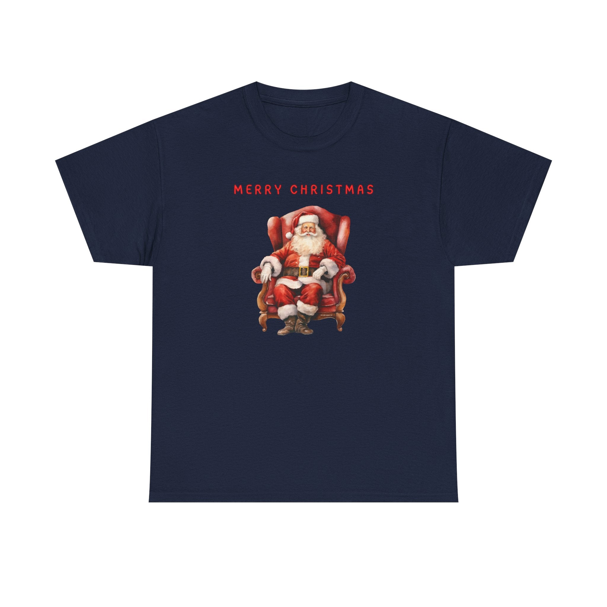 Merry Christmas Santa Throne Printed T-Shirt 100% Cotton Novelty Santa Claus Xmas Tee Gift Navy