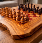 Handcrafted Olive Wood Chess Set – Premium Flat Wooden Chess Board in Red & Black (Multiple Sizes Available)