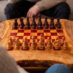 Handcrafted Olive Wood Chess Set – Premium Flat Wooden Chess Board in Red & Black (Multiple Sizes Available)