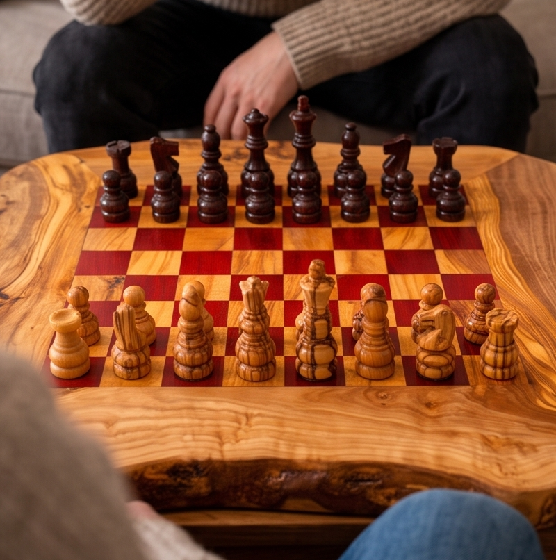 Handcrafted Olive Wood Chess Set – Premium Flat Wooden Chess Board in Red & Black (Multiple Sizes Available)