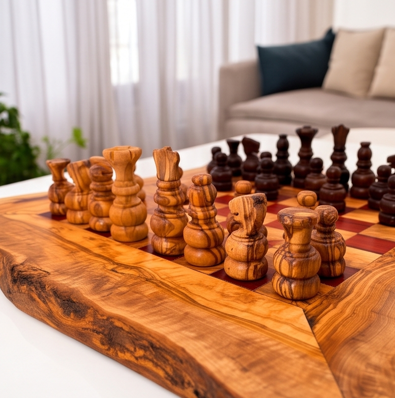 Handcrafted Olive Wood Chess Set – Premium Flat Wooden Chess Board in Red & Black (Multiple Sizes Available)
