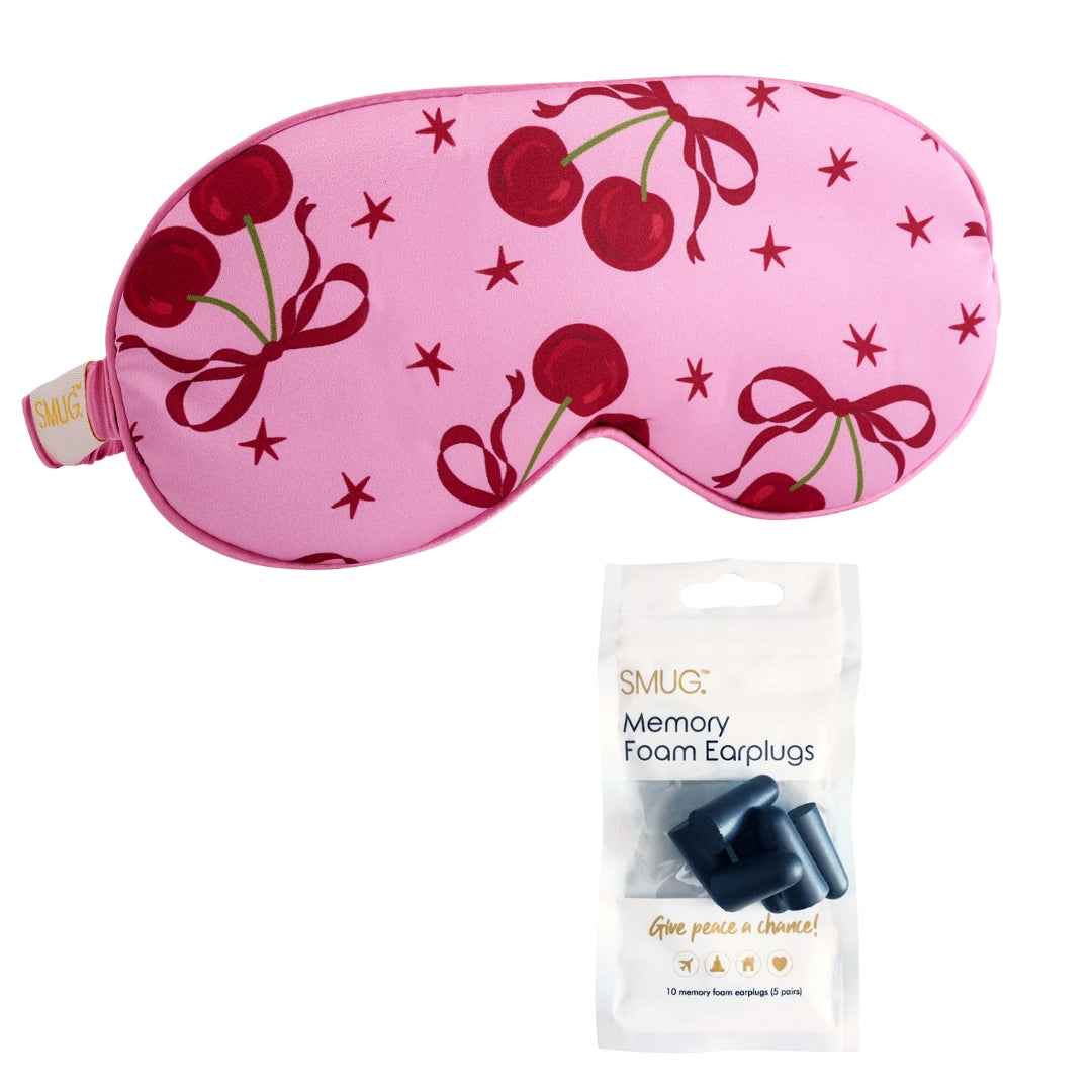 Satin Sleep Mask - Pink Cherries Print Sleep Mask & Black Earplugs