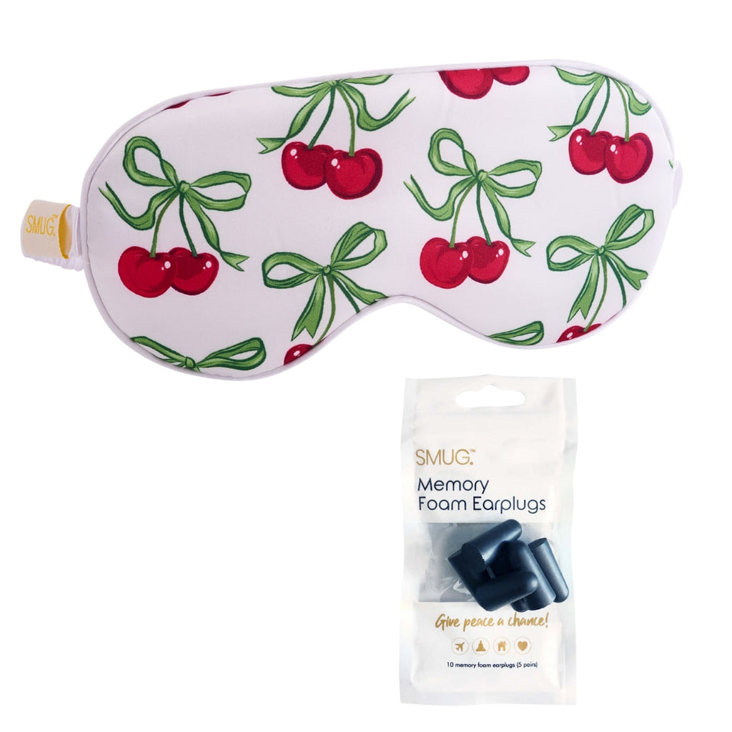 Satin Sleep Mask - White Cherries Print Sleep Mask & Black Earplugs