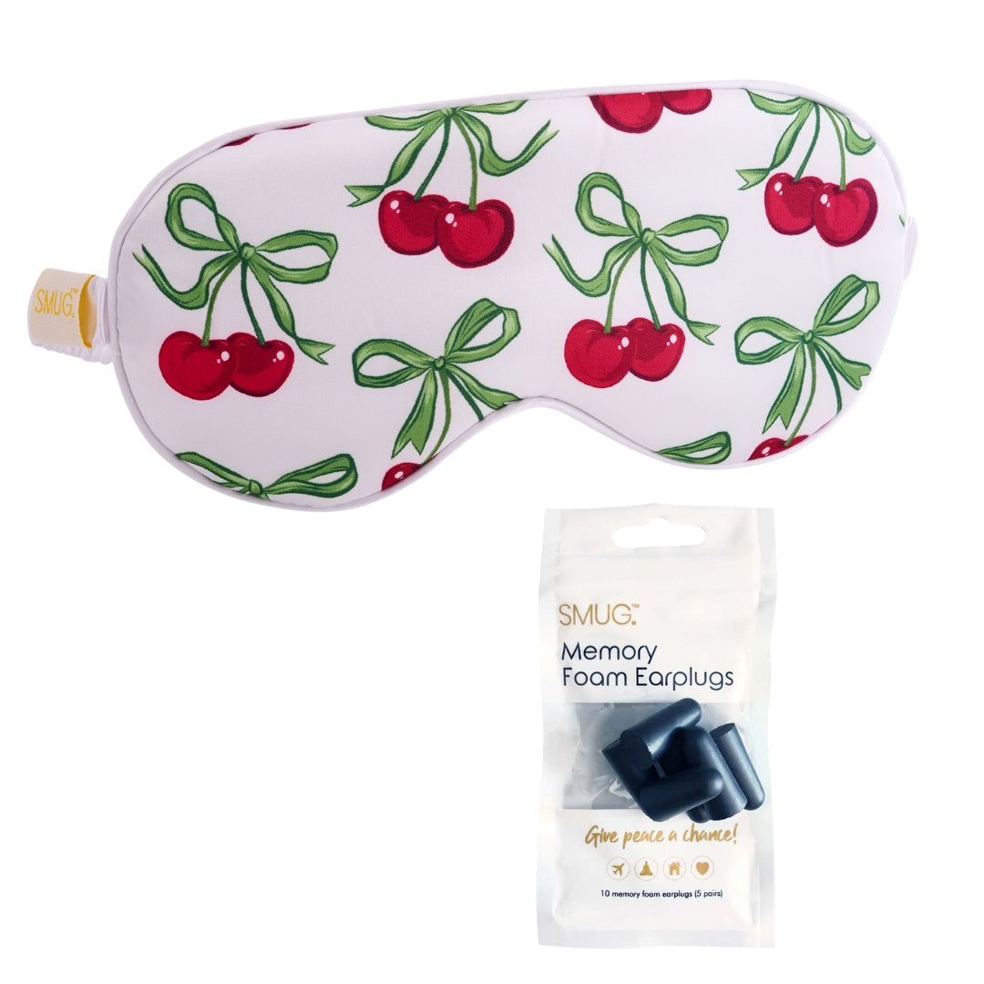 Satin Sleep Mask - White Cherries Print Sleep Mask & Black Earplugs