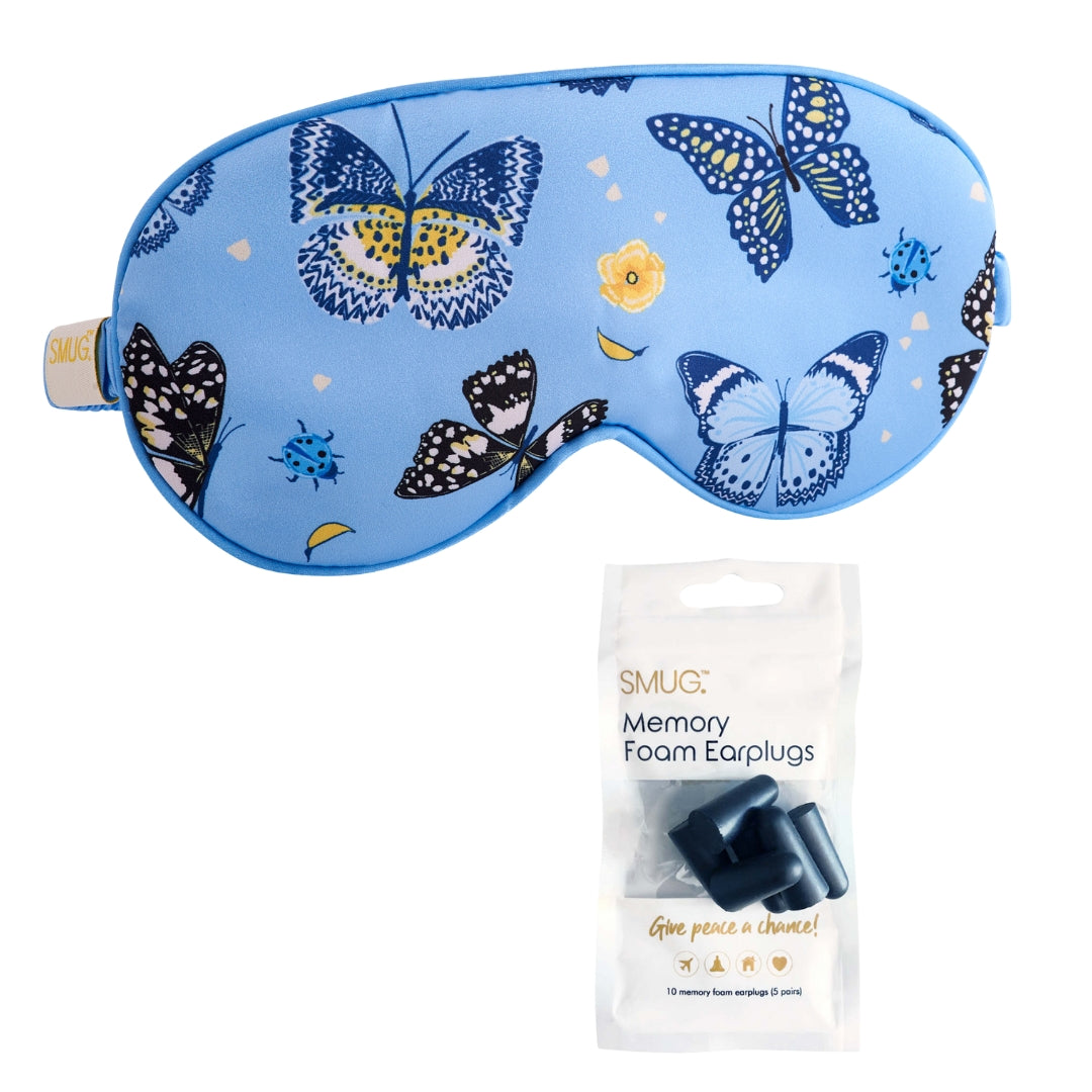 Satin Sleep Mask - Butterflies Print Sleep Mask & Black Earplugs
