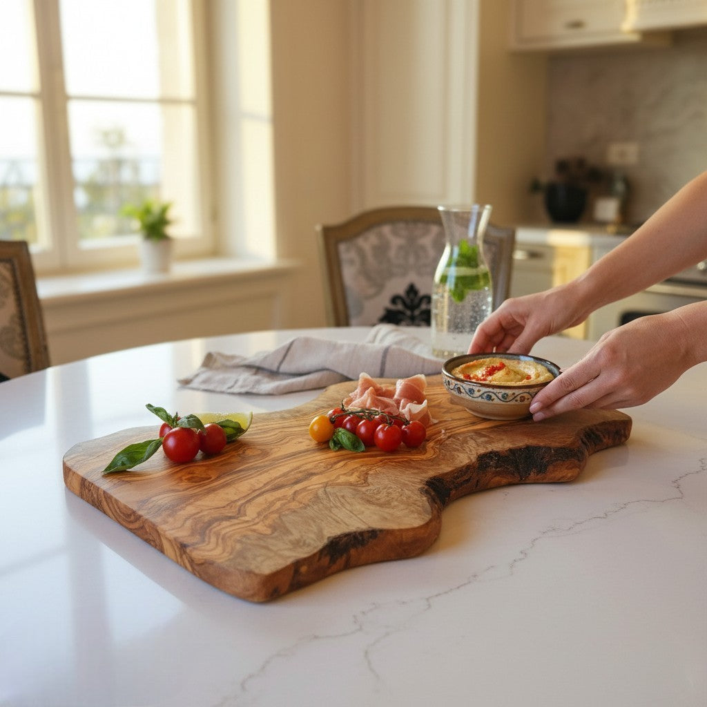 Large Handmade Olive Wood Freeform Serving Board | Extra Large Live Edge Charcuterie & Chopping Board | Unique Grain | 35–60 cm