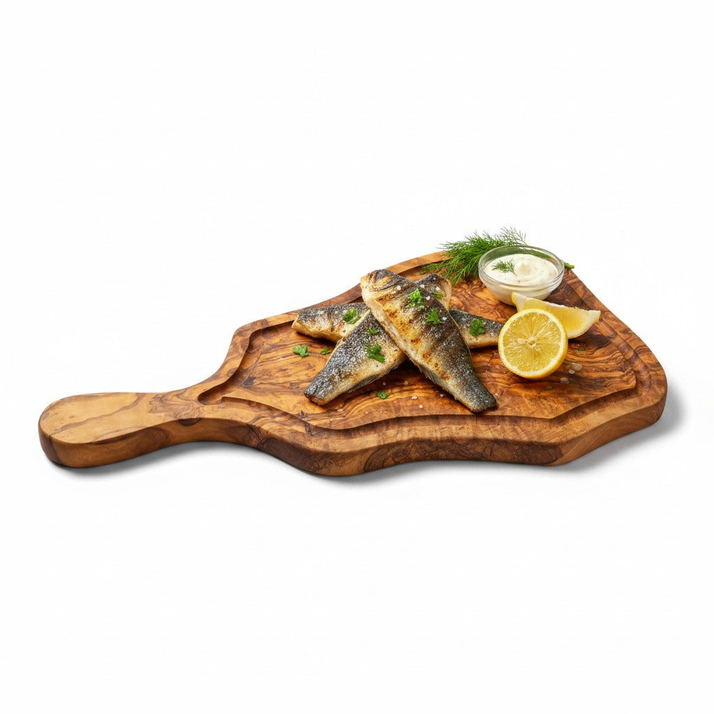 Handmade Olive Wood Freeform Meat Carving Board with Handle & Juice Groove | Live Edge Steak & Serving Board | Natural Grain | 45–60 cm