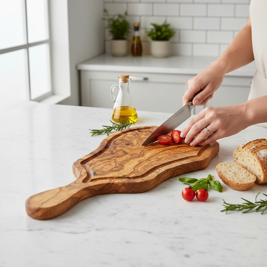 Handmade Olive Wood Freeform Meat Carving Board with Handle & Juice Groove | Live Edge Steak & Serving Board | Natural Grain | 45–60 cm