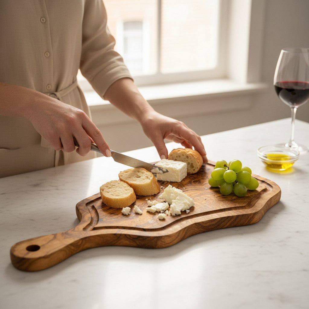 Handmade Olive Wood Freeform Meat Carving Board with Handle & Juice Groove | Live Edge Steak & Serving Board | Natural Grain | 45–60 cm